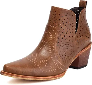 UTIKLIOU Women's Ankle Boots Slip on Cutout Pointed Toe Chunky Stacked Mid Heel Boots Faux Leather Short Booties