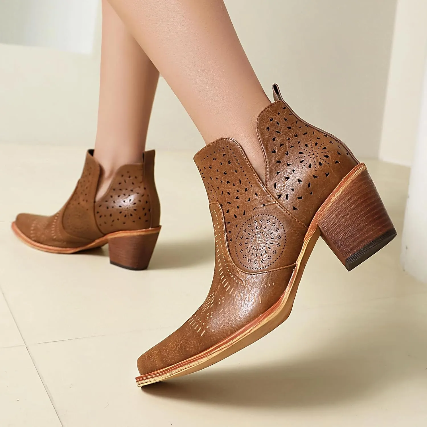 UTIKLIOU Women's Ankle Boots Slip on Cutout Pointed Toe Chunky Stacked Mid Heel Boots Faux Leather Short Booties