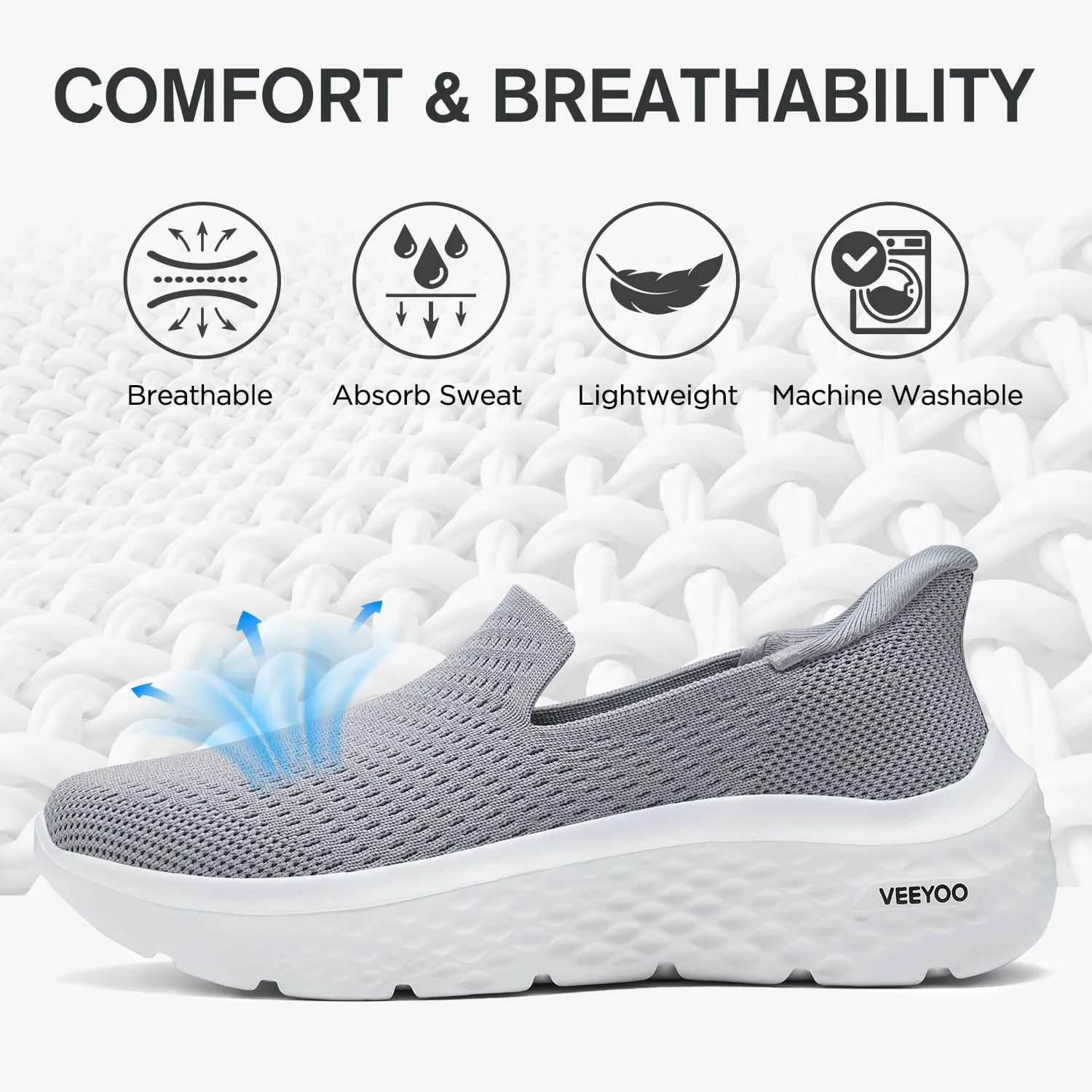 VEEYOO ZURIN Womens Slip On Walking Shoes with Arch Support,Lightweight No Lace Sneakers,Non Slip Breathable Tennis Shoes,Casual Travel Work Shoes