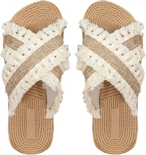 Verdusa Women's Fringe Criss Cross Strap Summer Sandals Slip On Slides Outdoor Shoes