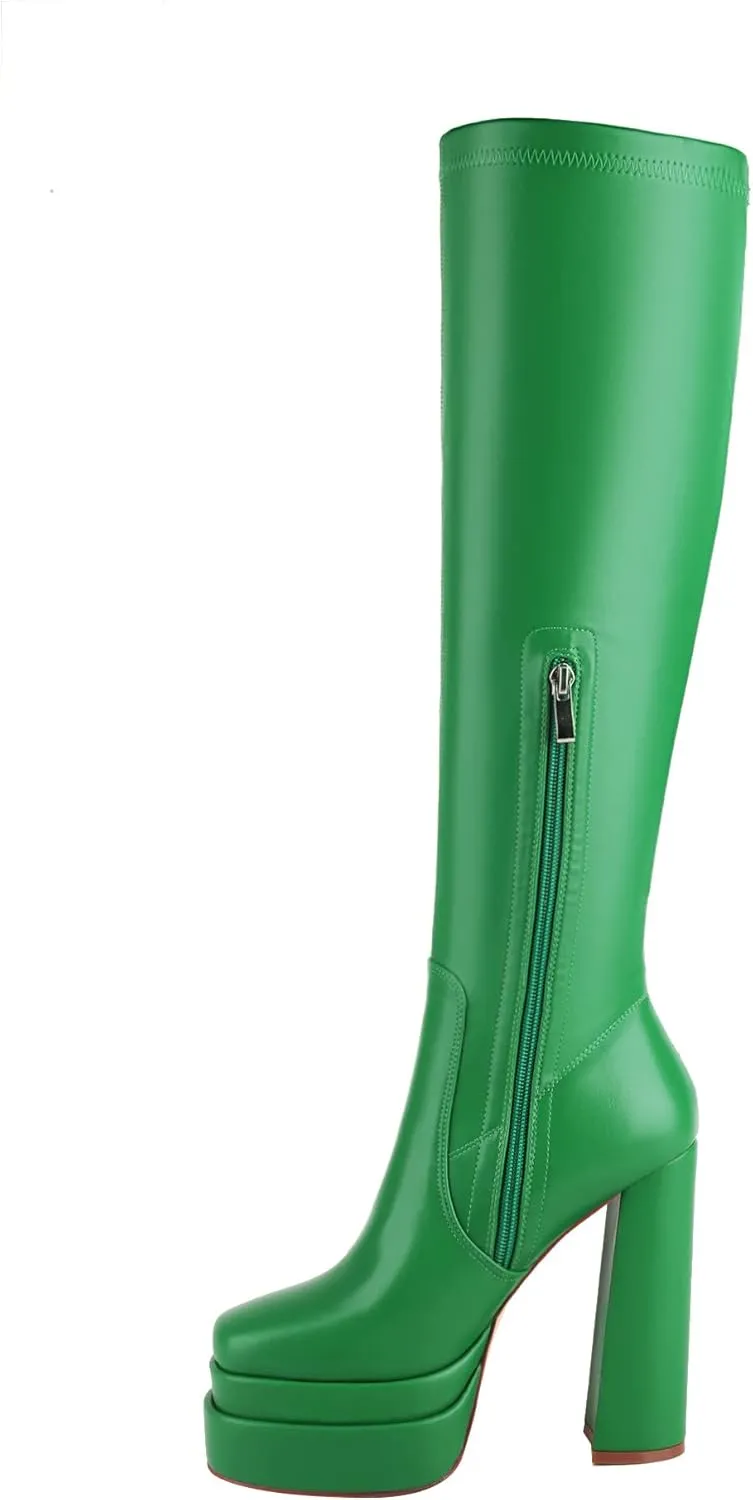 vivianly Women's Platform Knee High Boots Square Toe Chunky Heel Long Stretch Gogo Boots with Side Zipper