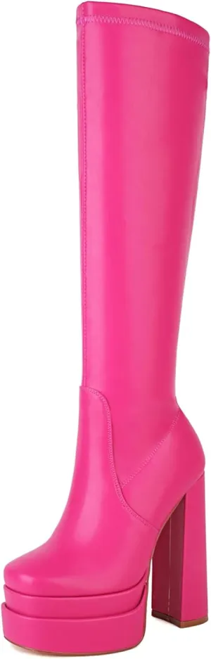 vivianly Women's Platform Knee High Boots Square Toe Chunky Heel Long Stretch Gogo Boots with Side Zipper