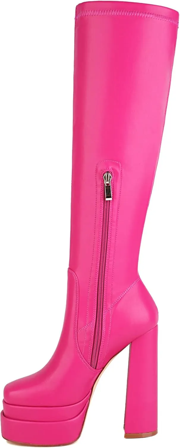 vivianly Women's Platform Knee High Boots Square Toe Chunky Heel Long Stretch Gogo Boots with Side Zipper