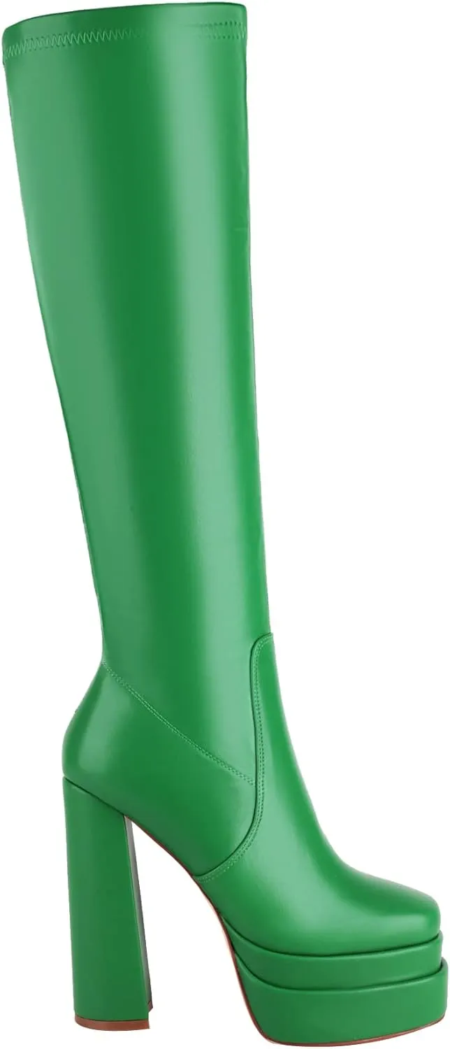 vivianly Women's Platform Knee High Boots Square Toe Chunky Heel Long Stretch Gogo Boots with Side Zipper