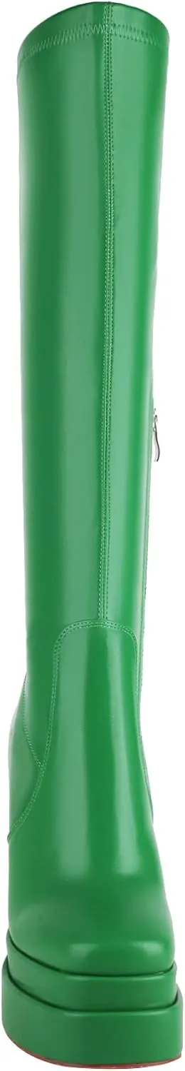 vivianly Women's Platform Knee High Boots Square Toe Chunky Heel Long Stretch Gogo Boots with Side Zipper
