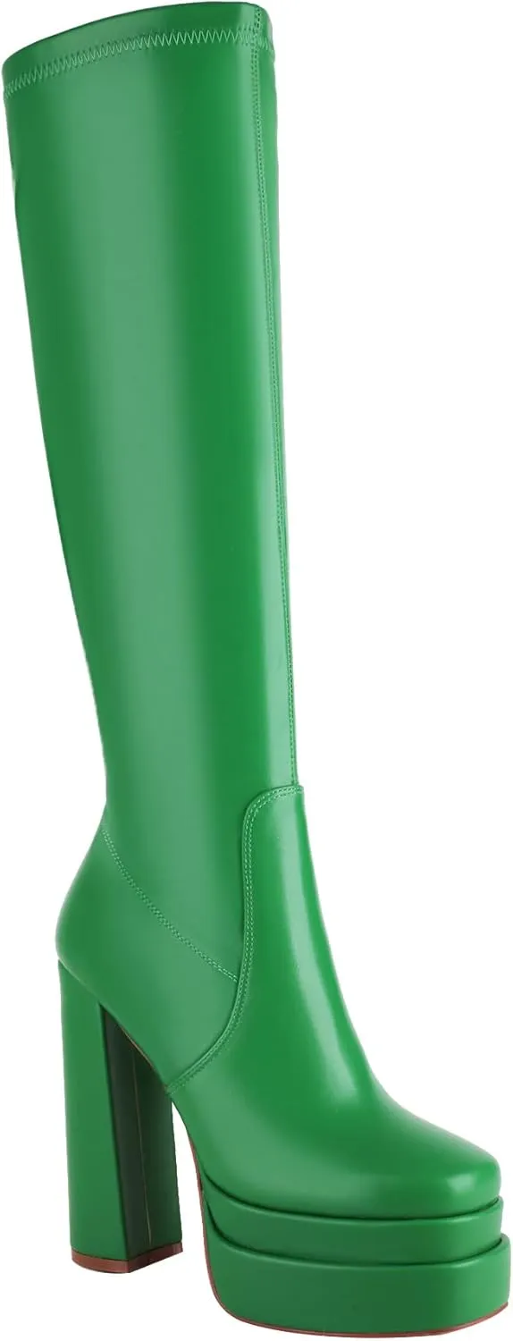 vivianly Women's Platform Knee High Boots Square Toe Chunky Heel Long Stretch Gogo Boots with Side Zipper