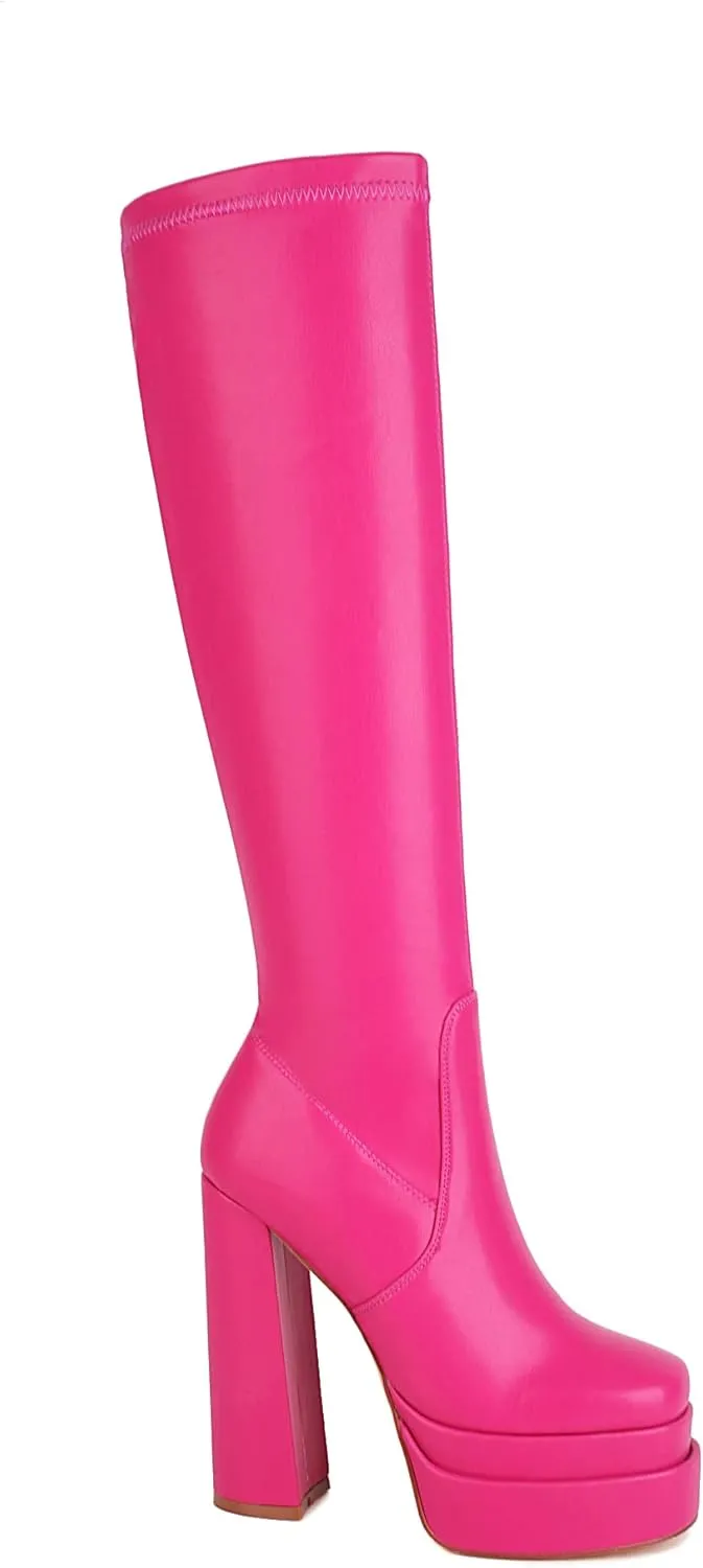 vivianly Women's Platform Knee High Boots Square Toe Chunky Heel Long Stretch Gogo Boots with Side Zipper