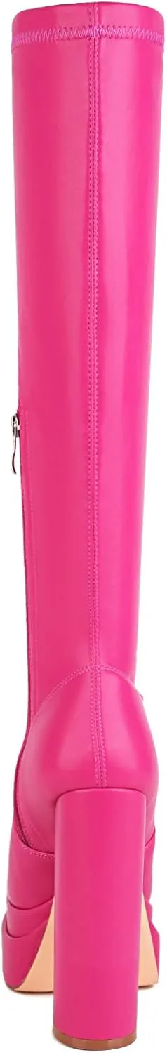 vivianly Women's Platform Knee High Boots Square Toe Chunky Heel Long Stretch Gogo Boots with Side Zipper