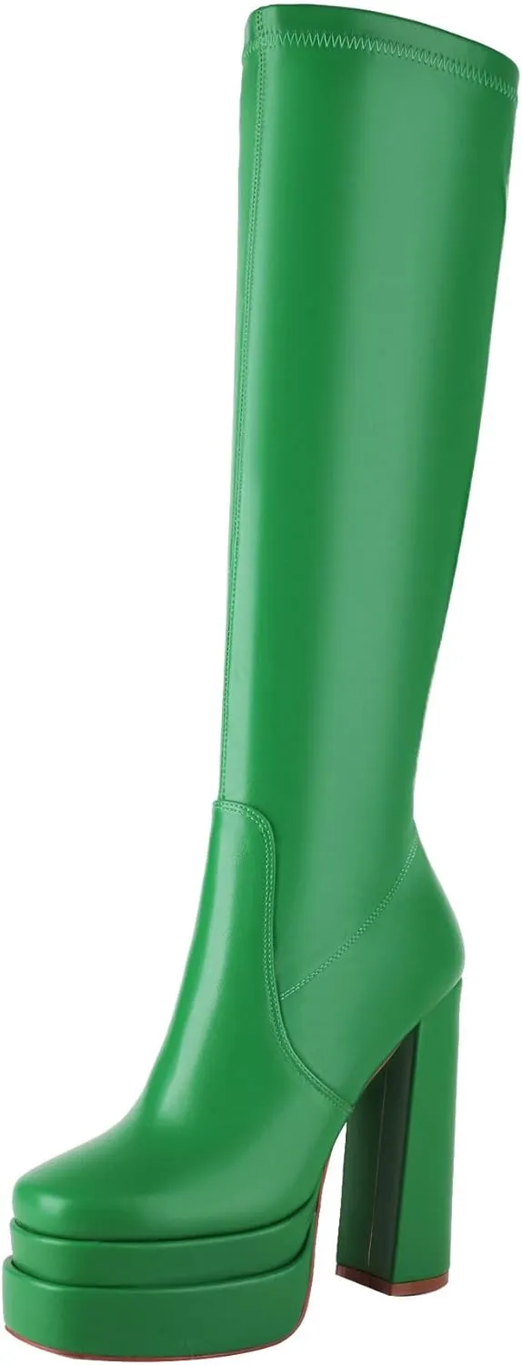 vivianly Women's Platform Knee High Boots Square Toe Chunky Heel Long Stretch Gogo Boots with Side Zipper