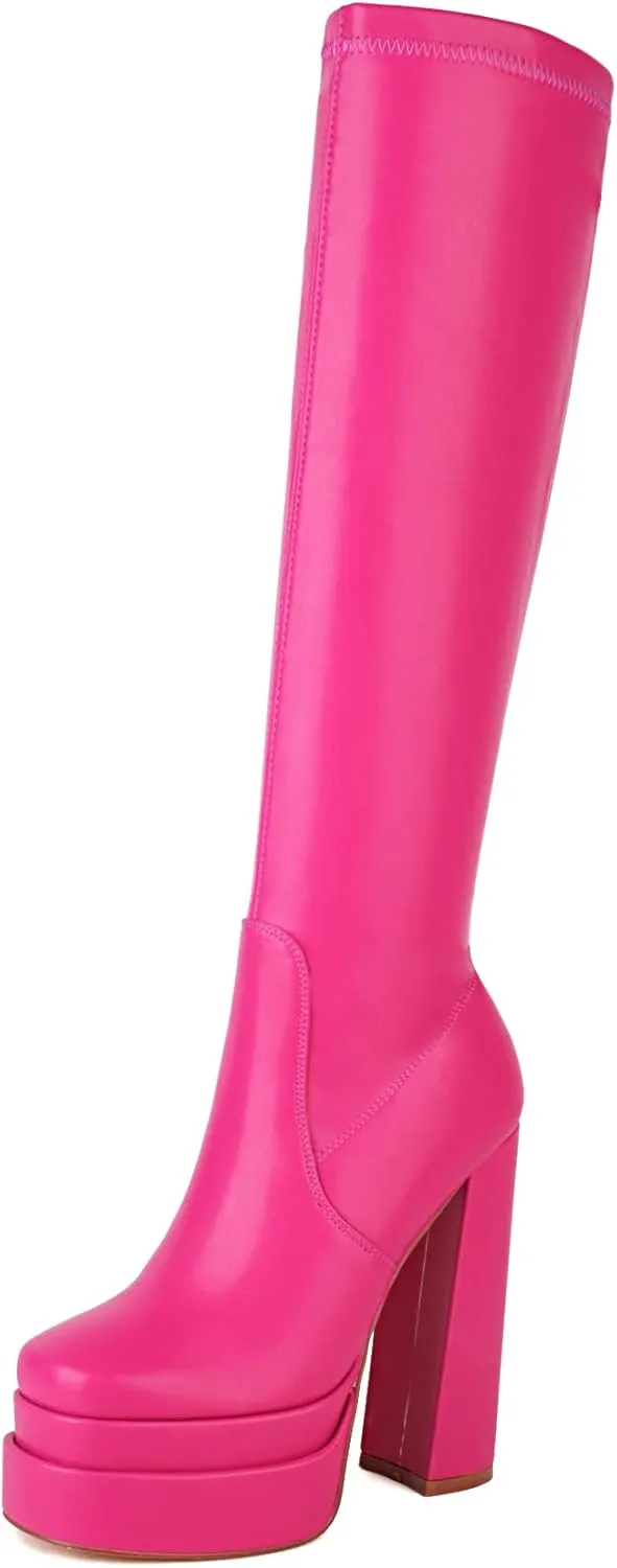 vivianly Women's Platform Knee High Boots Square Toe Chunky Heel Long Stretch Gogo Boots with Side Zipper
