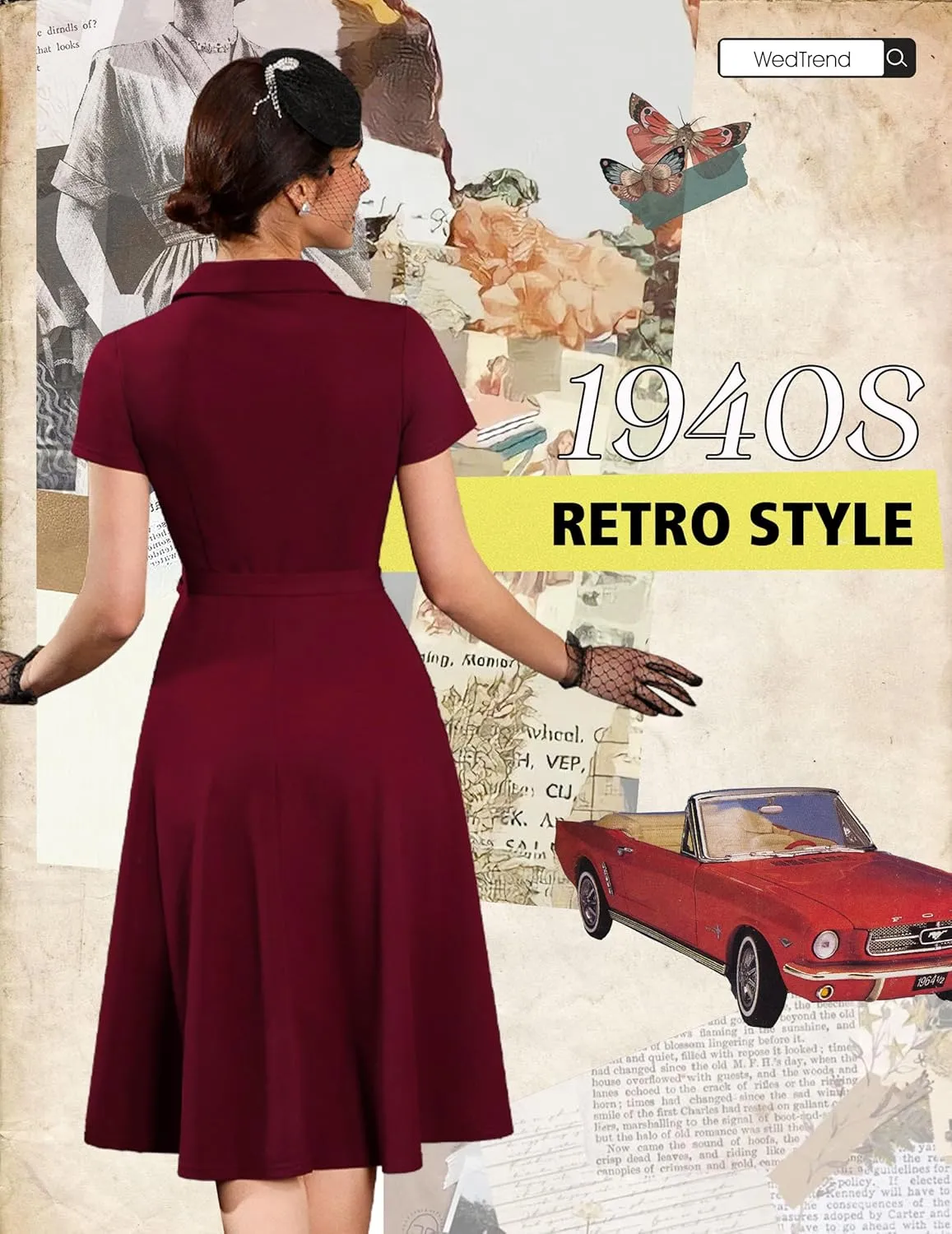 Wedtrend Women's Vintage Tea Dress, Short Sleeve Cocktail Party Dress Work Church Casual Dress