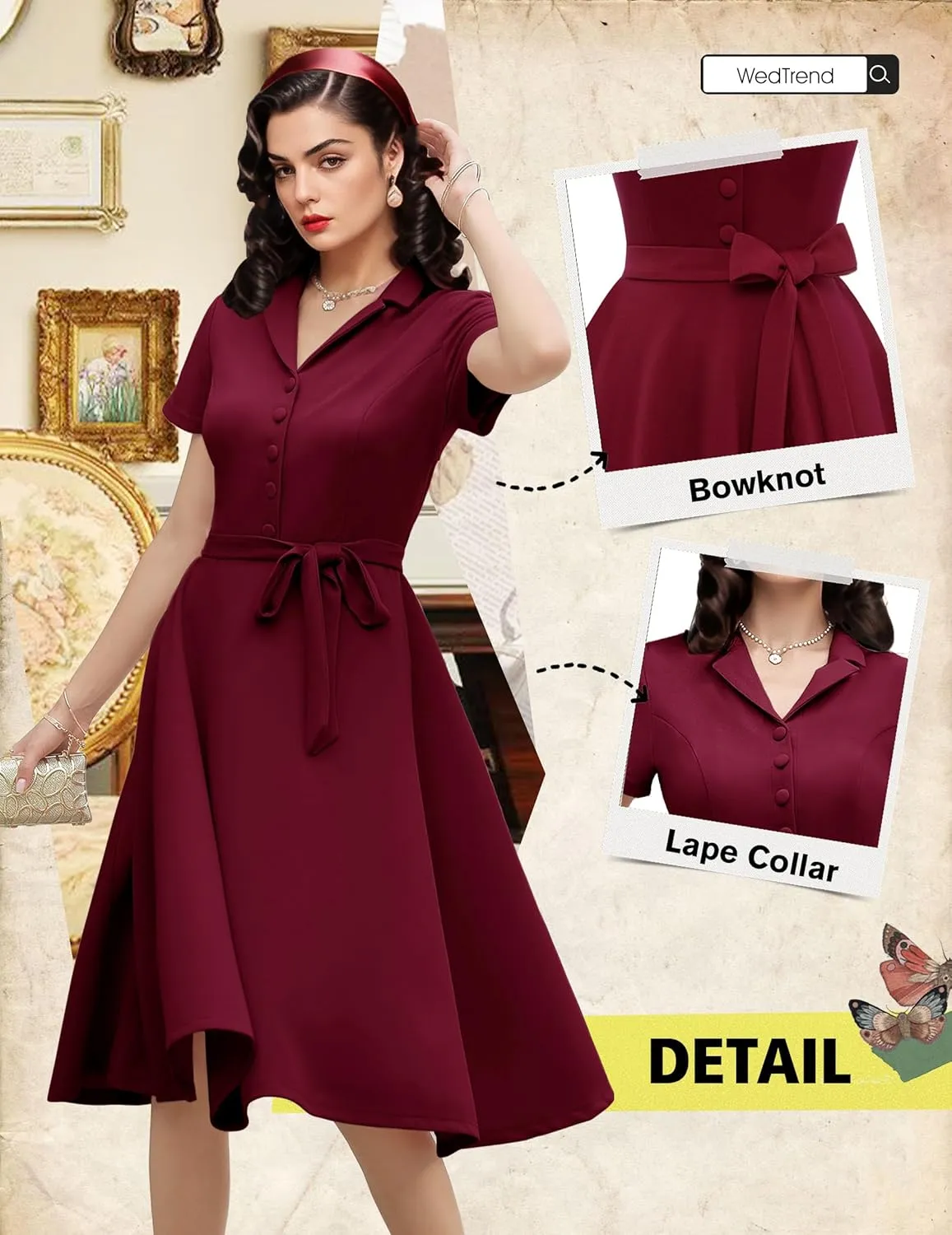 Wedtrend Women's Vintage Tea Dress, Short Sleeve Cocktail Party Dress Work Church Casual Dress
