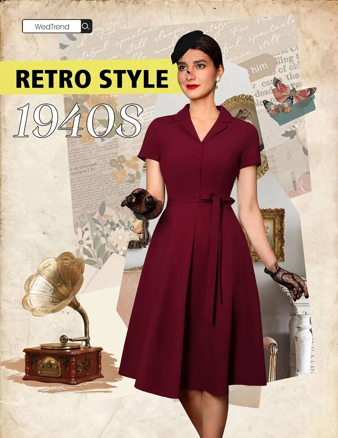 Wedtrend Women's Vintage Tea Dress, Short Sleeve Cocktail Party Dress Work Church Casual Dress