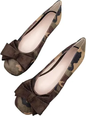 WENJIAZHIZHI Square Toe Bow Flats for Women Solid Color Low-Heel Slip-ons Cozy Soft Office Lady Dress Shoes
