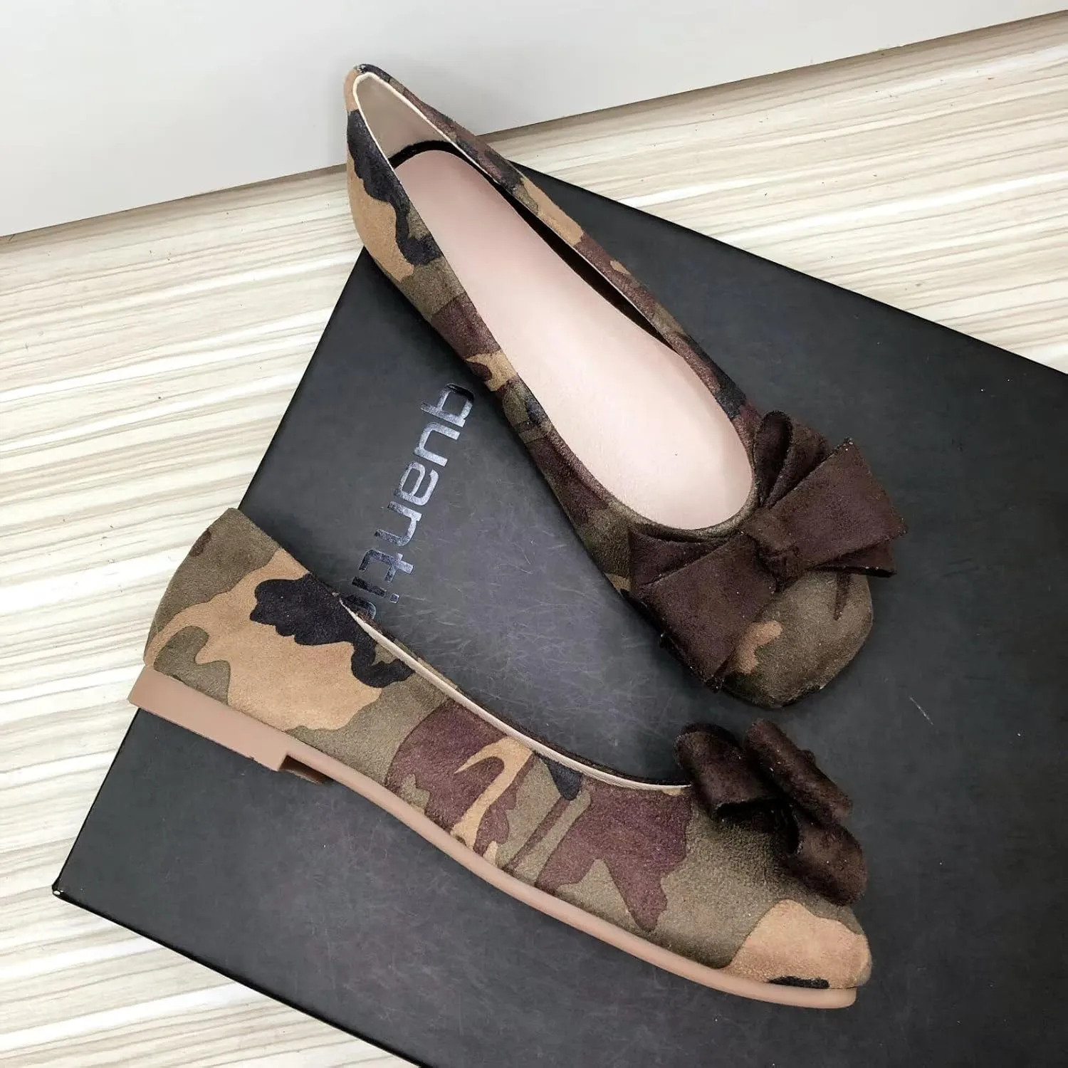 WENJIAZHIZHI Square Toe Bow Flats for Women Solid Color Low-Heel Slip-ons Cozy Soft Office Lady Dress Shoes
