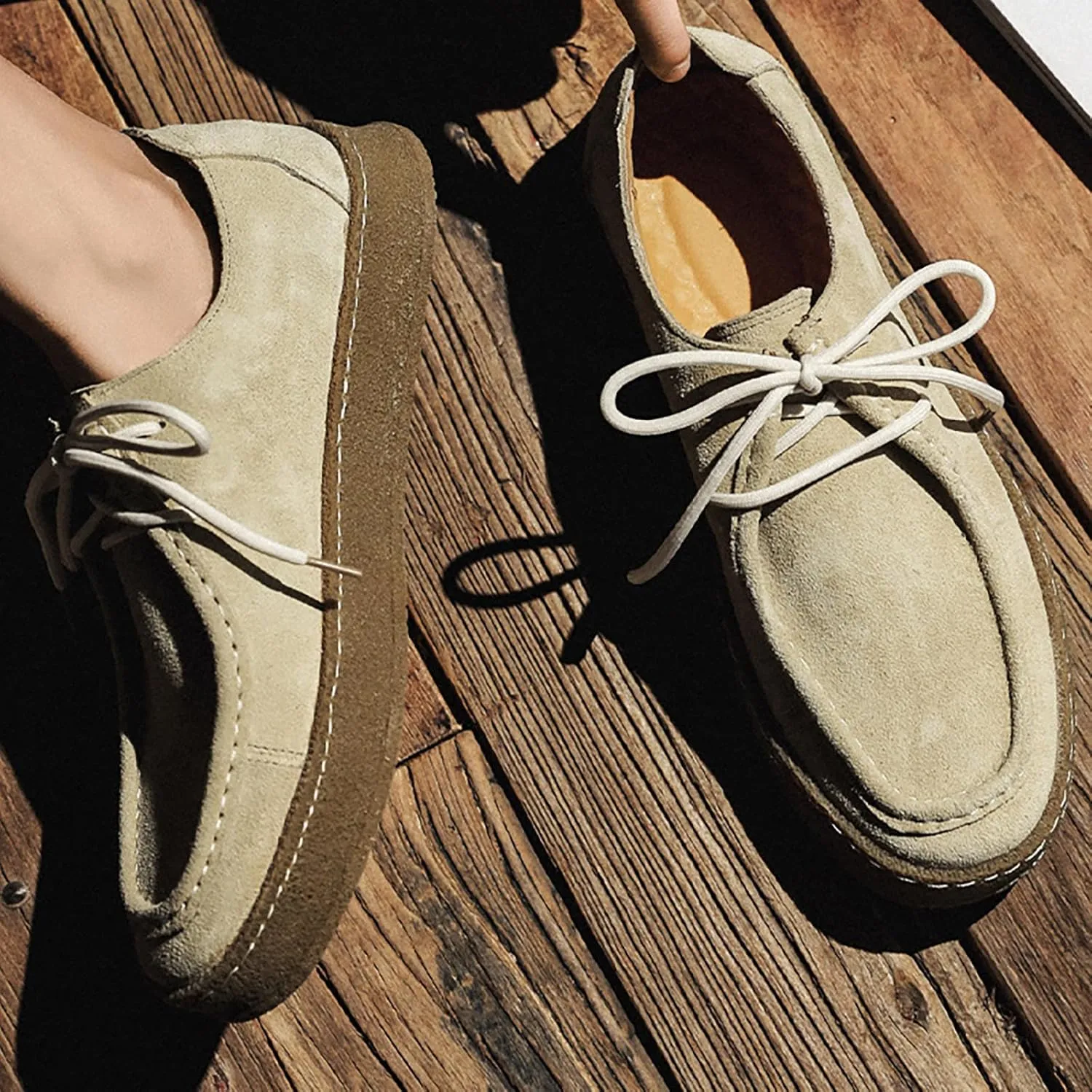 WENOREG Men's Suede Lace Up Casual Loafers Fashion Comfort Slip-ons 2-Eye Thick Sole Waterproof Walking Sneakers Outdoor Flat Low Top Lightweight Walking Working Office Work Mocassins Shoes