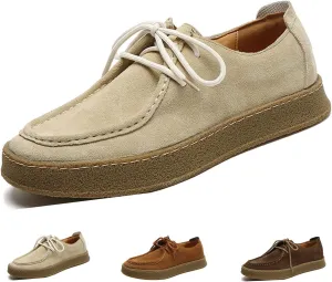WENOREG Men's Suede Lace Up Casual Loafers Fashion Comfort Slip-ons 2-Eye Thick Sole Waterproof Walking Sneakers Outdoor Flat Low Top Lightweight Walking Working Office Work Mocassins Shoes