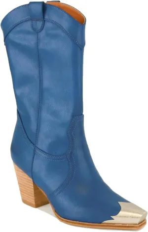 Western Metal Toe Boots for Women Cowgirl Boots Mid Calf Boots Stacked Heel Back Zipper Boots Cowboy Boots