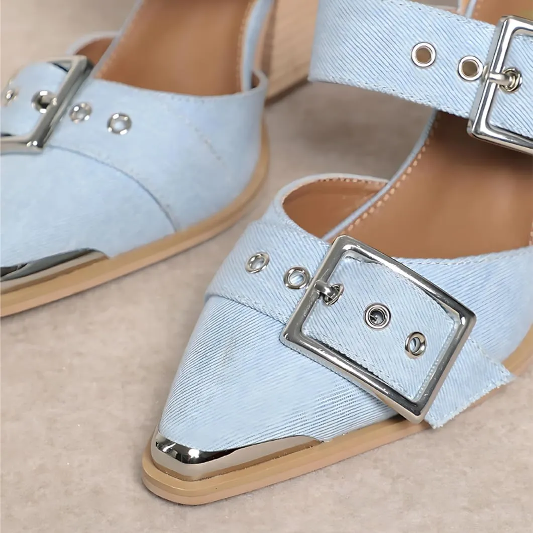 Western Sandals for Women Chunky Heel Pointed Toe Pumps Metal Buckle Strappy Western Comfortable Bridal Shoes