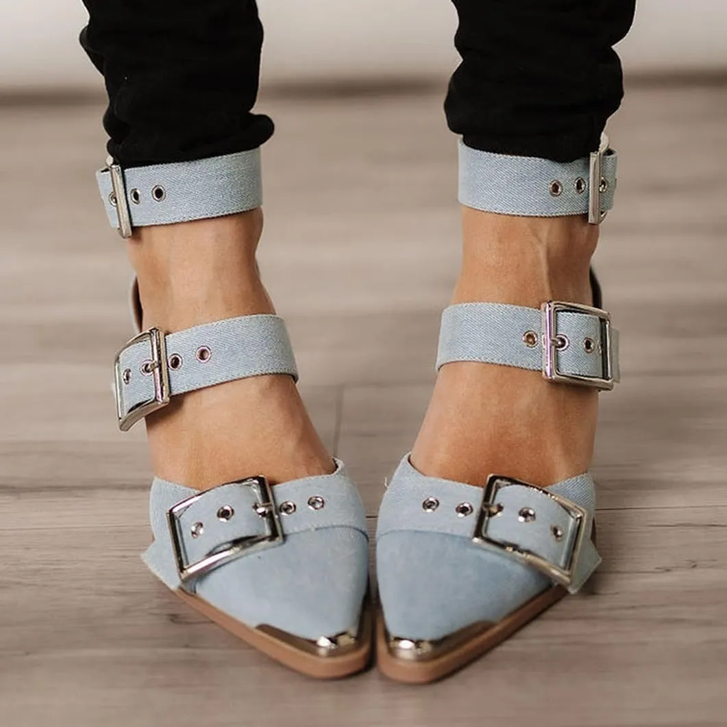 Western Sandals for Women Chunky Heel Pointed Toe Pumps Metal Buckle Strappy Western Comfortable Bridal Shoes