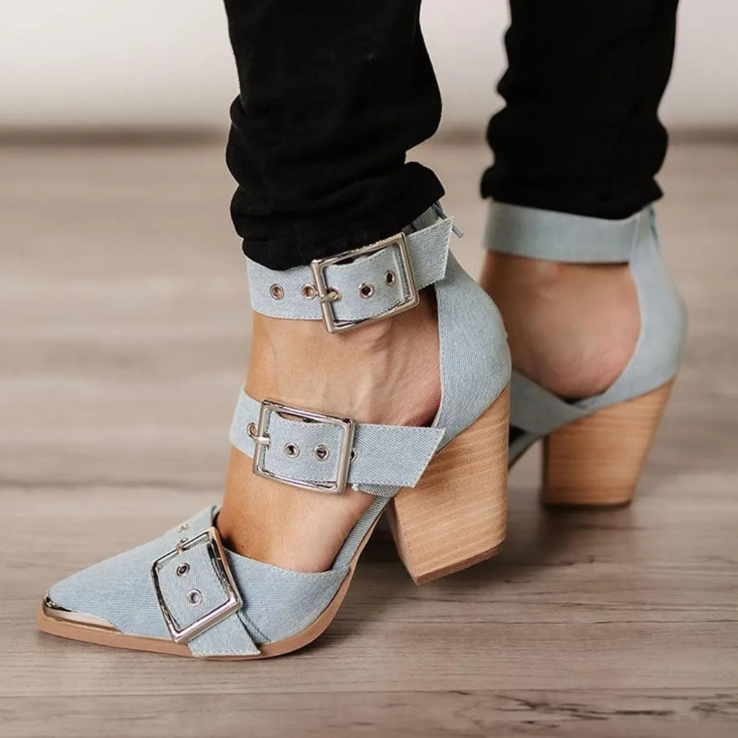 Western Sandals for Women Chunky Heel Pointed Toe Pumps Metal Buckle Strappy Western Comfortable Bridal Shoes