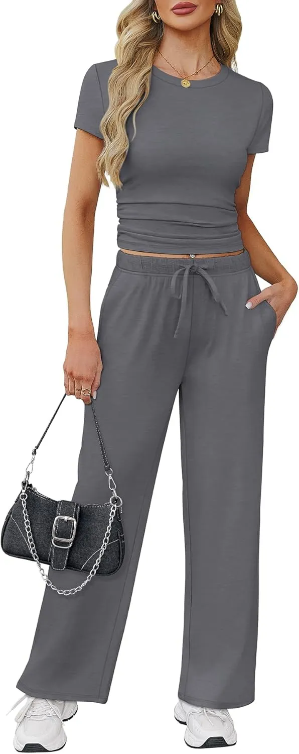 WIHOLL 2 Piece Sets for Women Summer Travel Vacation Outfits Workout Ruched Tops Wide Leg Pants Lounge Sets