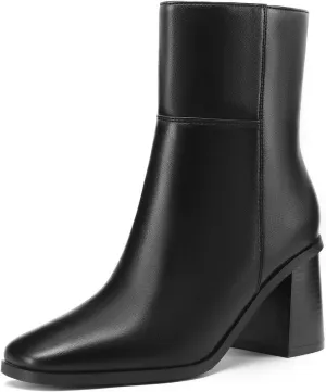 Women Ankle Boots Square Toe Chunky Heel Booties Mid Stacked Heels Fashion Dress Short Boots with Zips