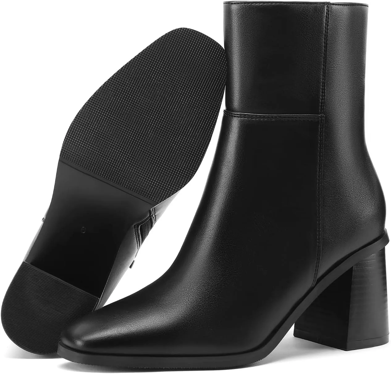 Women Ankle Boots Square Toe Chunky Heel Booties Mid Stacked Heels Fashion Dress Short Boots with Zips
