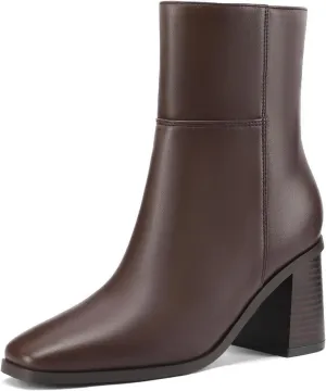Women Ankle Boots Square Toe Chunky Heel Booties Mid Stacked Heels Fashion Dress Short Boots with Zips