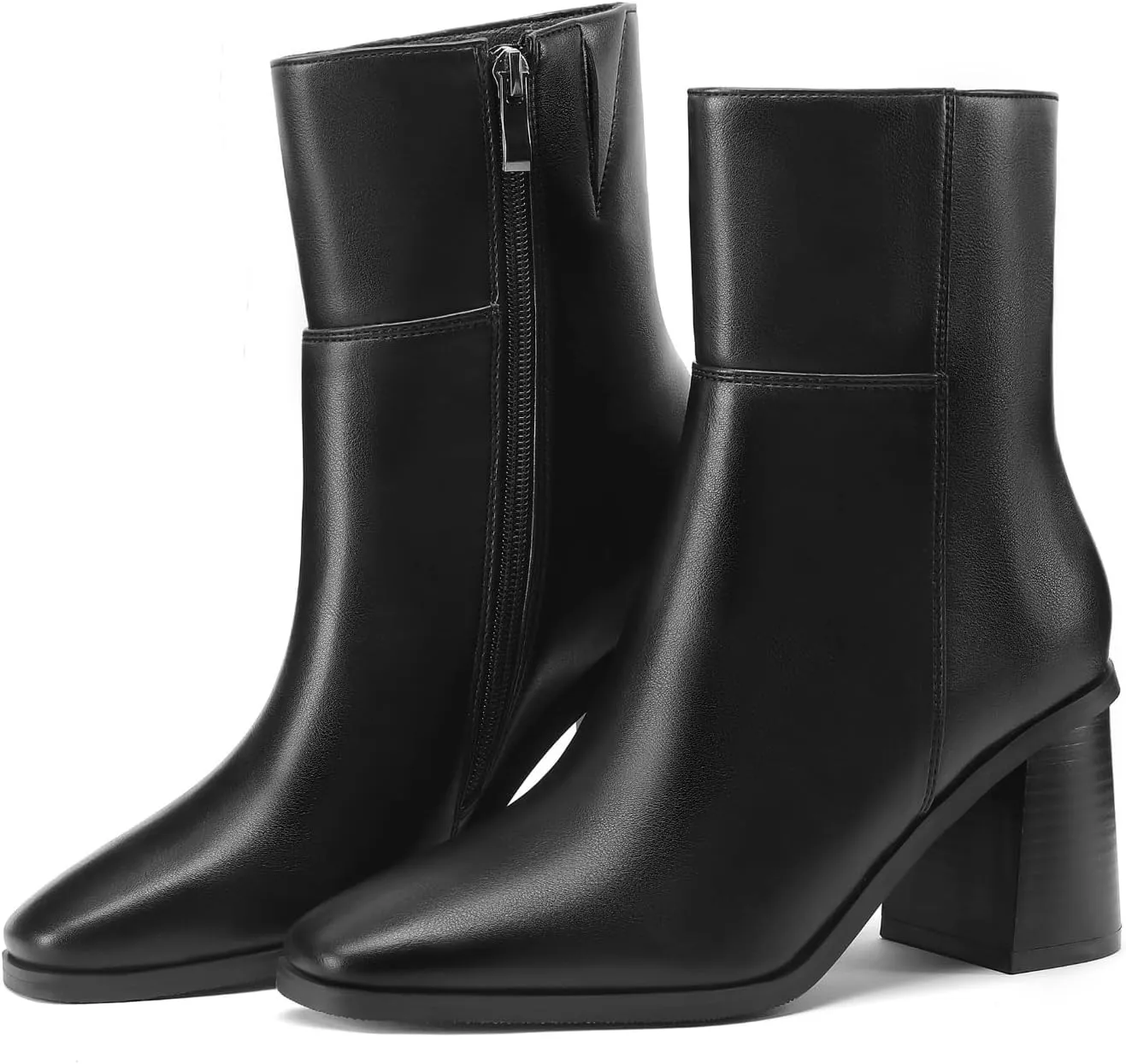 Women Ankle Boots Square Toe Chunky Heel Booties Mid Stacked Heels Fashion Dress Short Boots with Zips