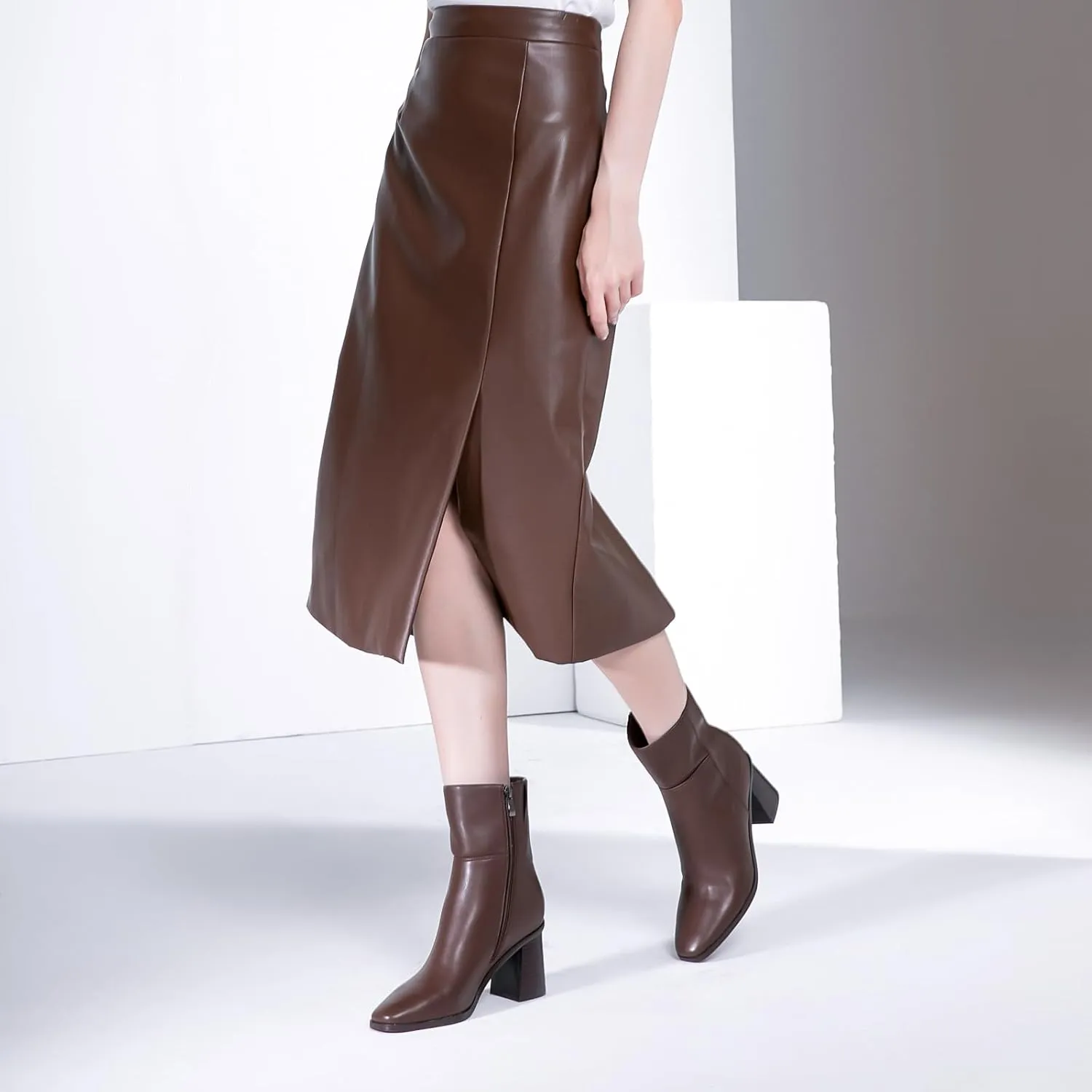Women Ankle Boots Square Toe Chunky Heel Booties Mid Stacked Heels Fashion Dress Short Boots with Zips