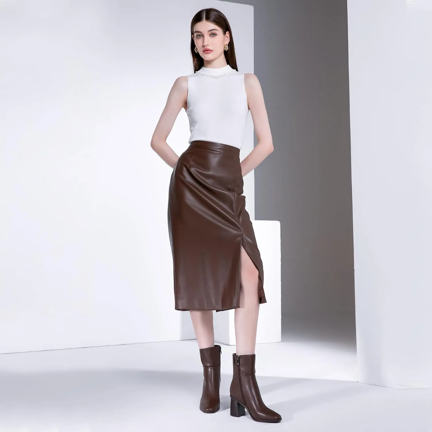 Women Ankle Boots Square Toe Chunky Heel Booties Mid Stacked Heels Fashion Dress Short Boots with Zips