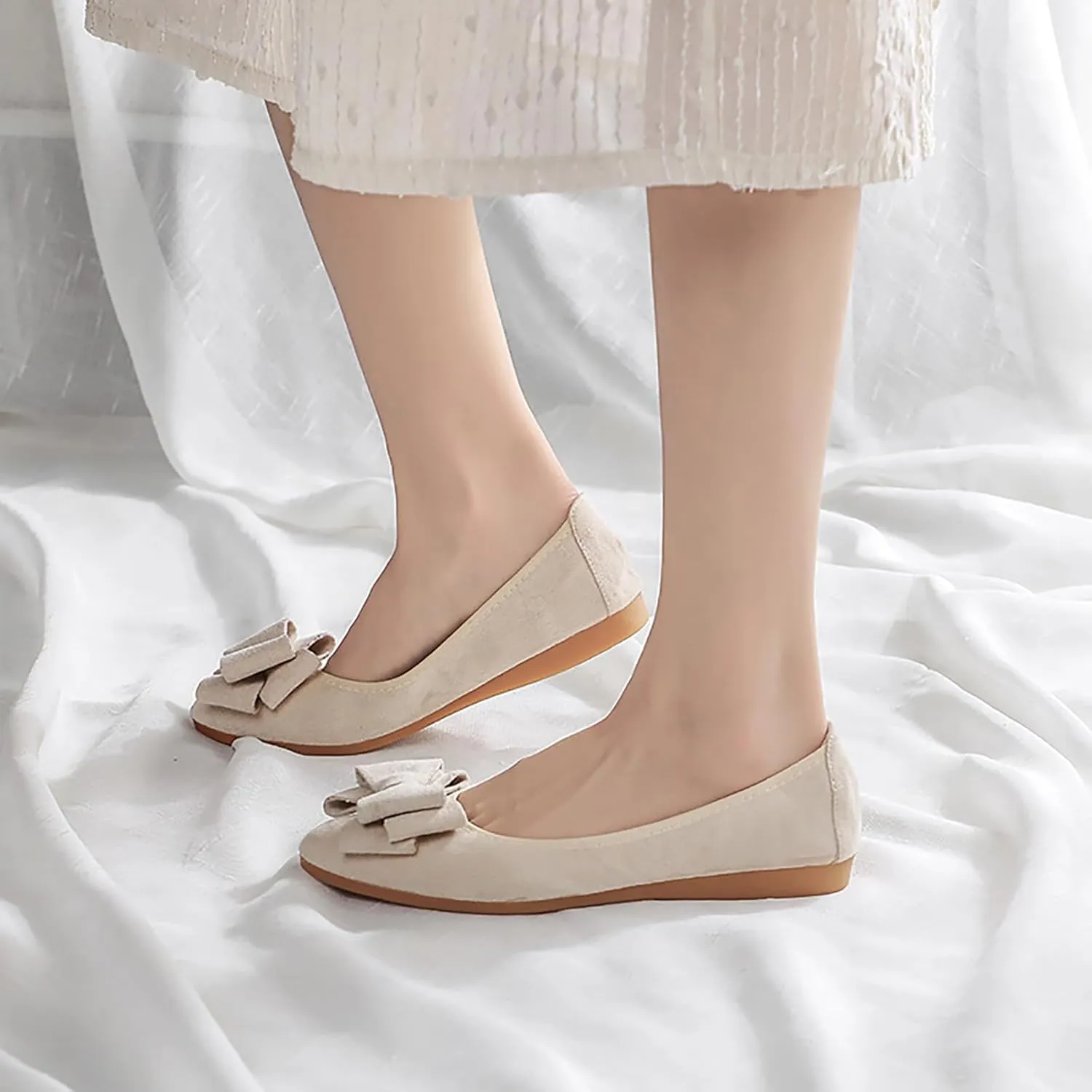 Women Ballet Flats Fashion Bowknot Suede Comfort Pointed Toe Slip On Dress Shoes