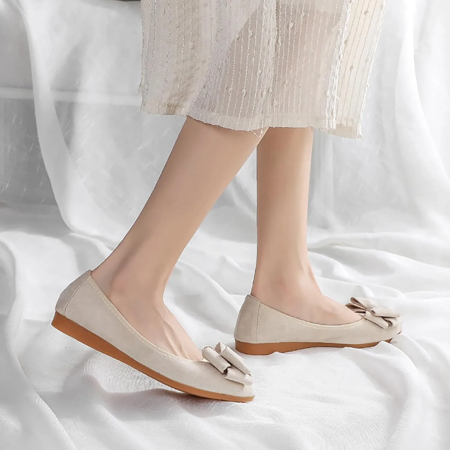 Women Ballet Flats Fashion Bowknot Suede Comfort Pointed Toe Slip On Dress Shoes