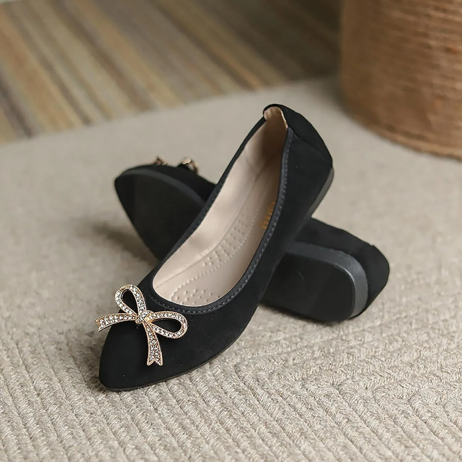 Women Ballet Flats Fashion Bowknot Suede Comfort Pointed Toe Slip On Dress Shoes