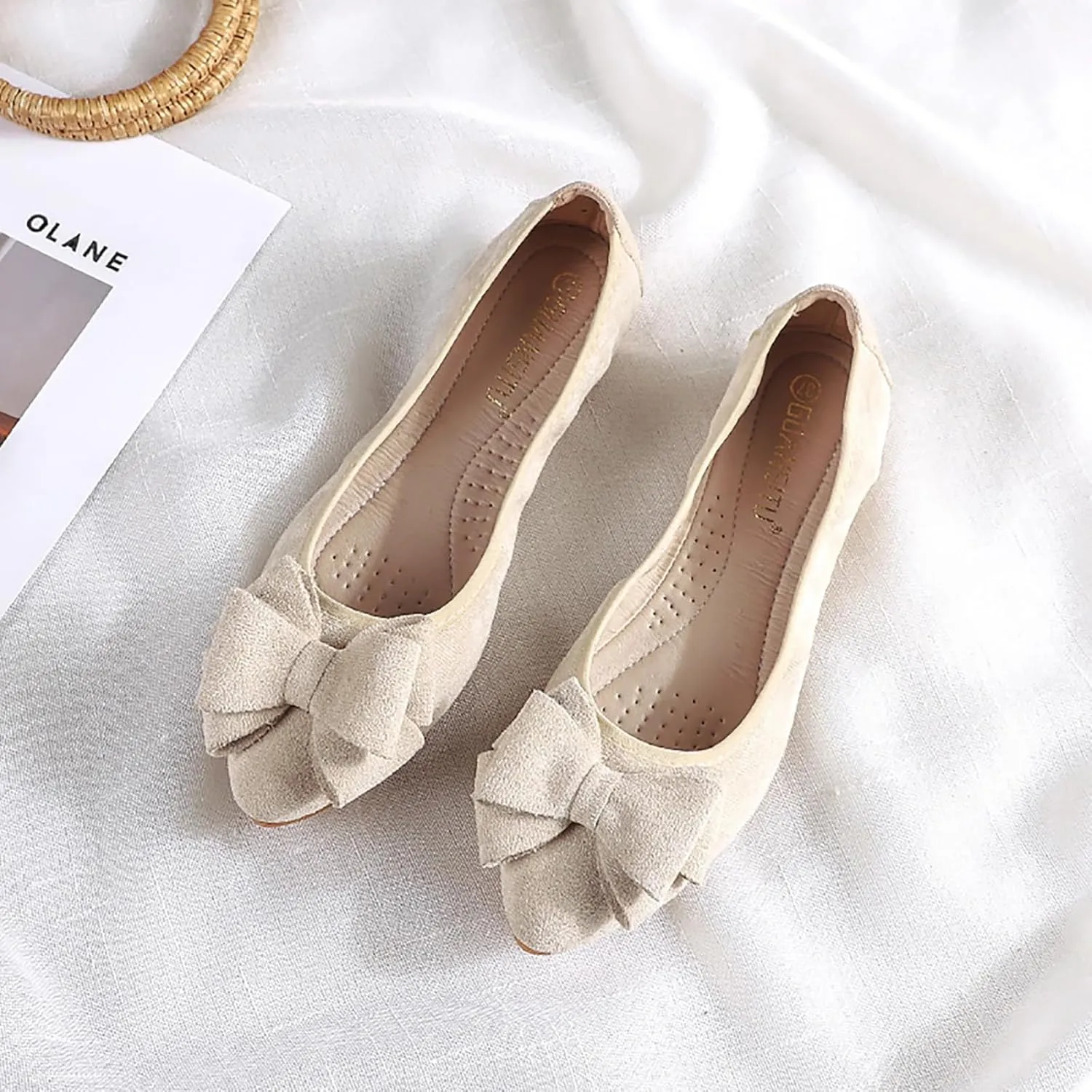 Women Ballet Flats Fashion Bowknot Suede Comfort Pointed Toe Slip On Dress Shoes