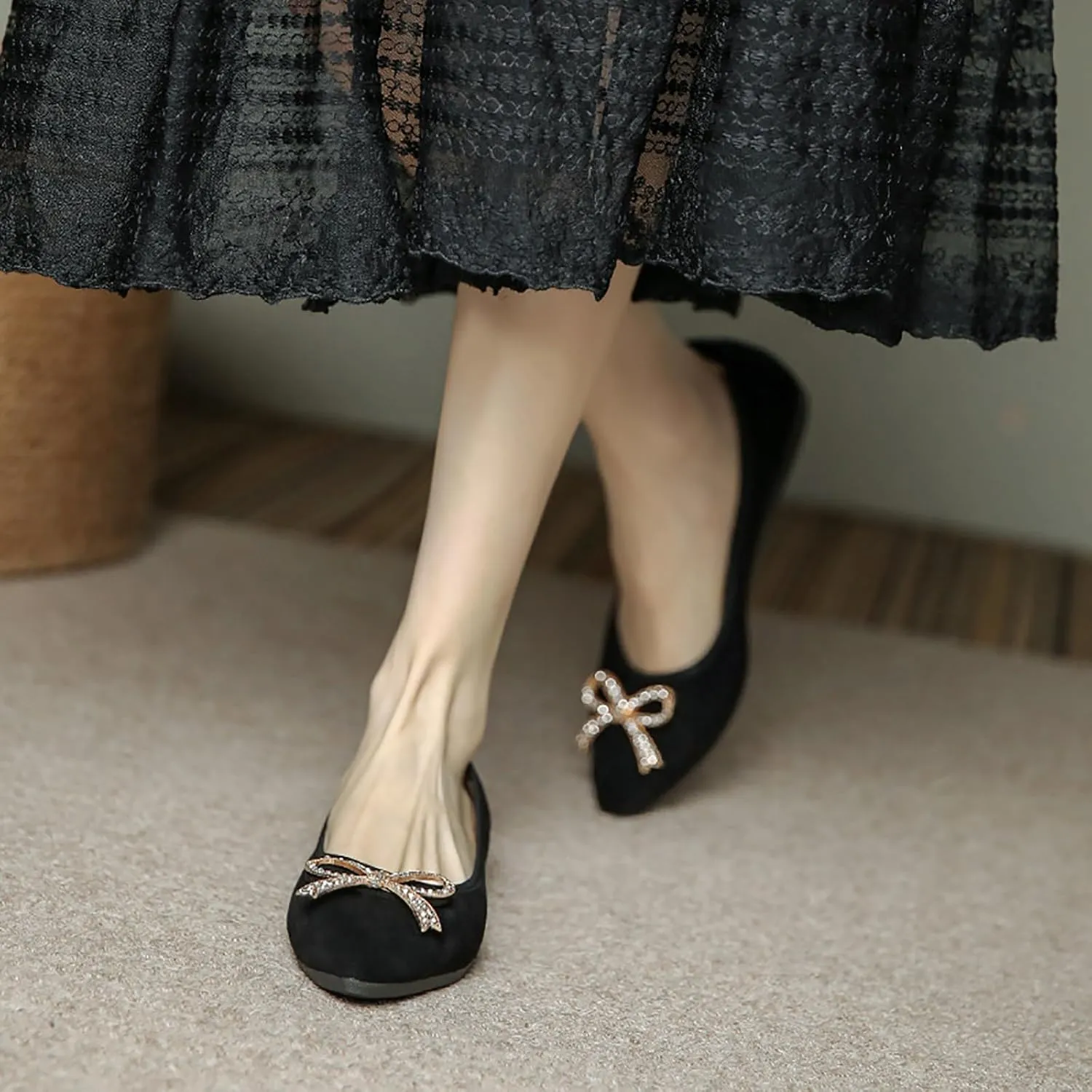 Women Ballet Flats Fashion Bowknot Suede Comfort Pointed Toe Slip On Dress Shoes