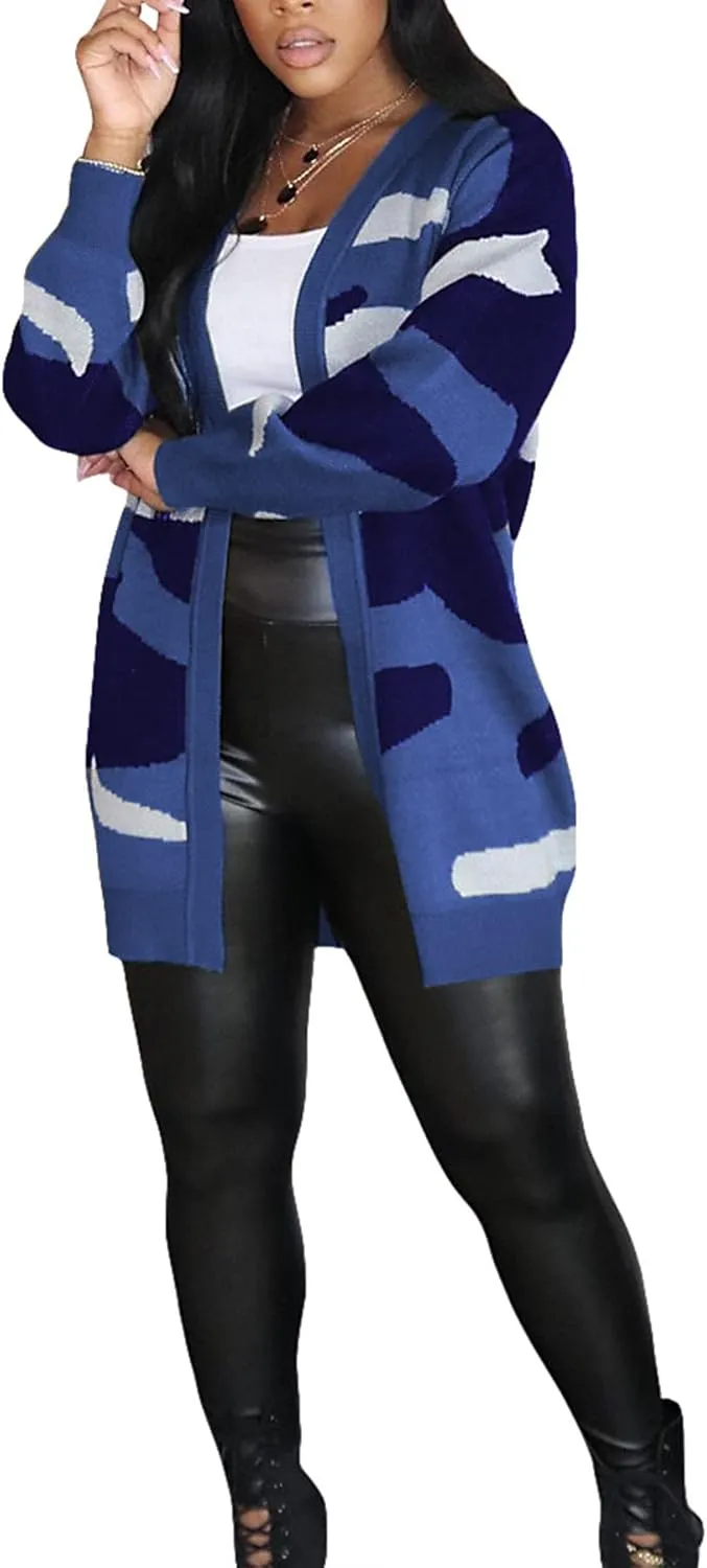 Women Camo Cardigan Casual Open Front Long Sleeve Sweater Coat Outwear