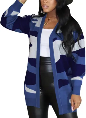 Women Camo Cardigan Casual Open Front Long Sleeve Sweater Coat Outwear