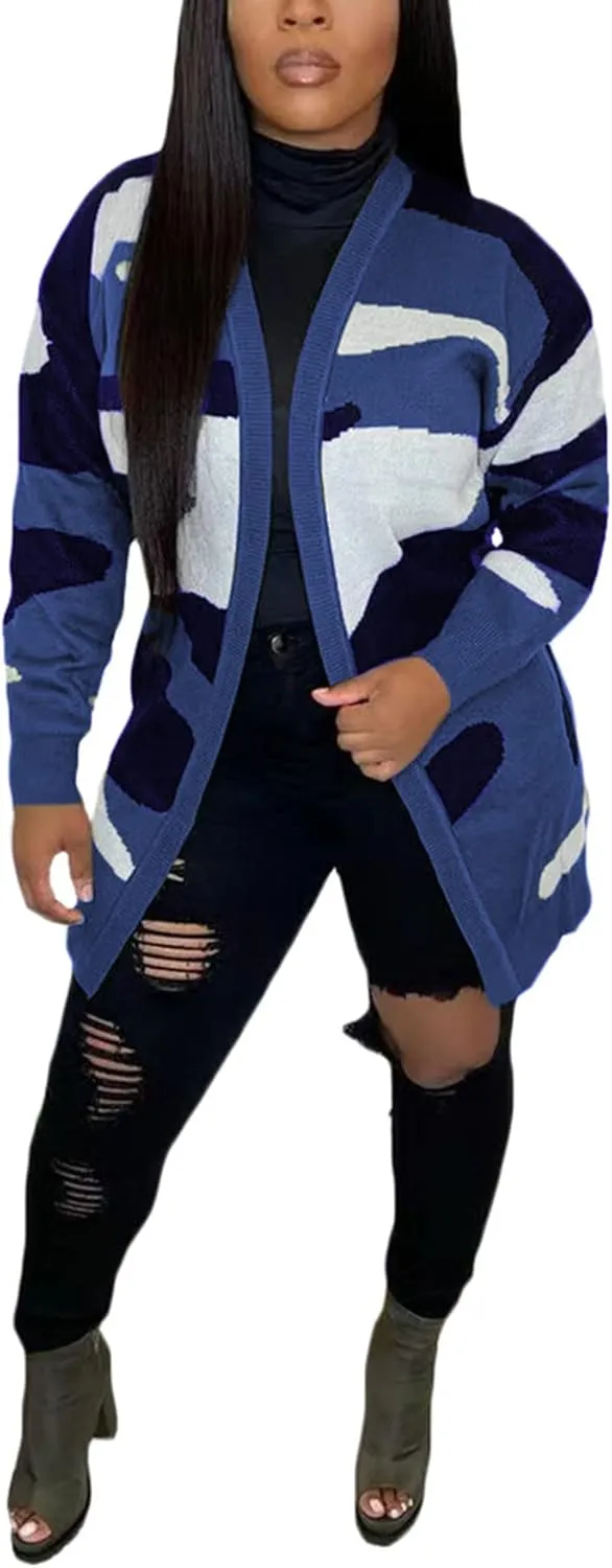 Women Camo Cardigan Casual Open Front Long Sleeve Sweater Coat Outwear