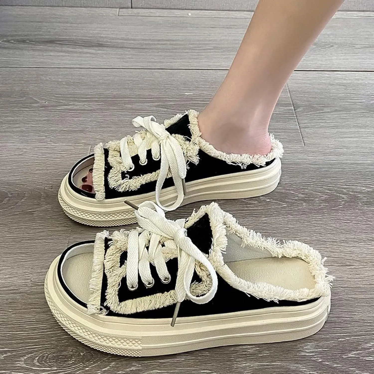 Women Canvas Slippers Mule Sneakers Slip on Shoes Platform Clogs Backless Sneakers Casual Open Toe Sandals