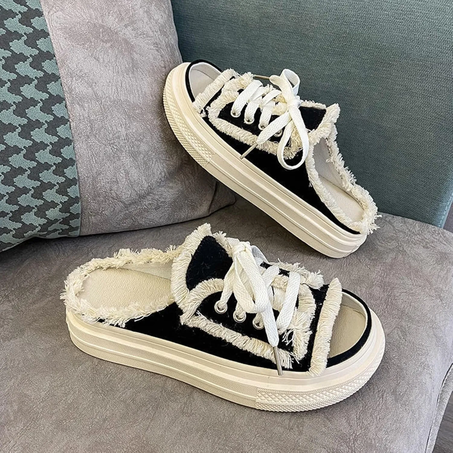 Women Canvas Slippers Mule Sneakers Slip on Shoes Platform Clogs Backless Sneakers Casual Open Toe Sandals
