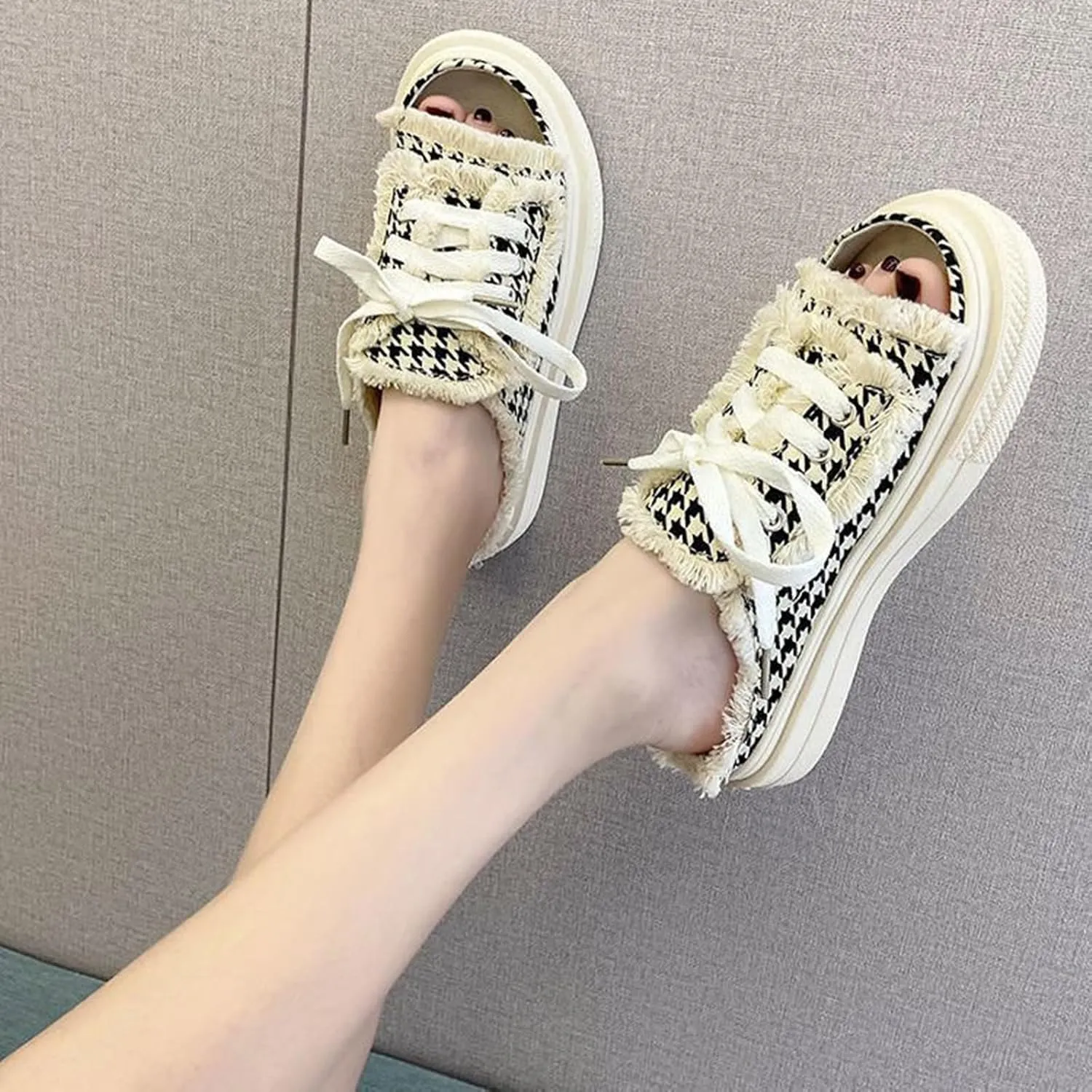 Women Canvas Slippers Mule Sneakers Slip on Shoes Platform Clogs Backless Sneakers Casual Open Toe Sandals