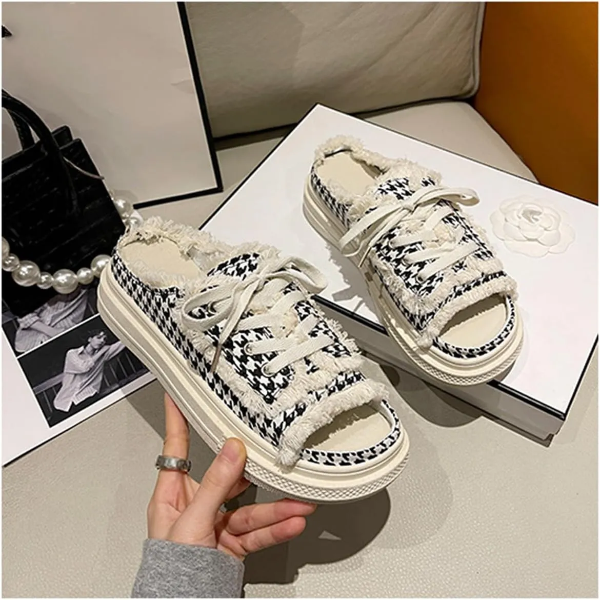 Women Canvas Slippers Mule Sneakers Slip on Shoes Platform Clogs Backless Sneakers Casual Open Toe Sandals
