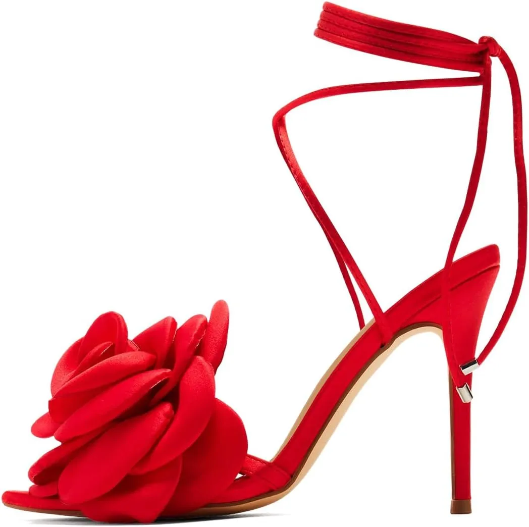 Women Charming Flower Open Pointed Toe Sandals Tie up Ankle Strap Stiletto High Heels Graceful Wedding Prom Party Dressy Shoes Size 4-16 US