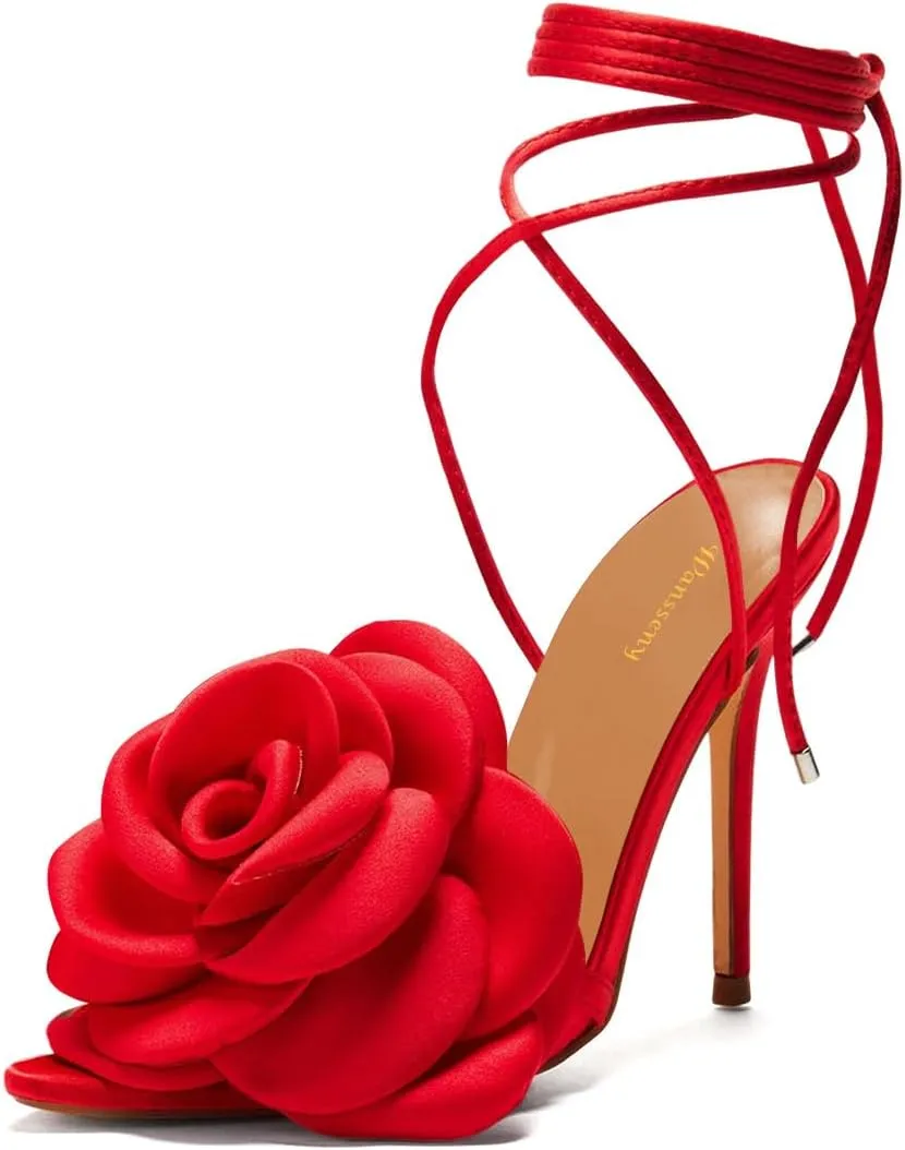 Women Charming Flower Open Pointed Toe Sandals Tie up Ankle Strap Stiletto High Heels Graceful Wedding Prom Party Dressy Shoes Size 4-16 US
