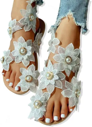 Women Clip Toe Flats Sandals Fashion Lace Flowers Faux Pearls Inlaid Shoes Summer Ladies Stylish Dressy White 36