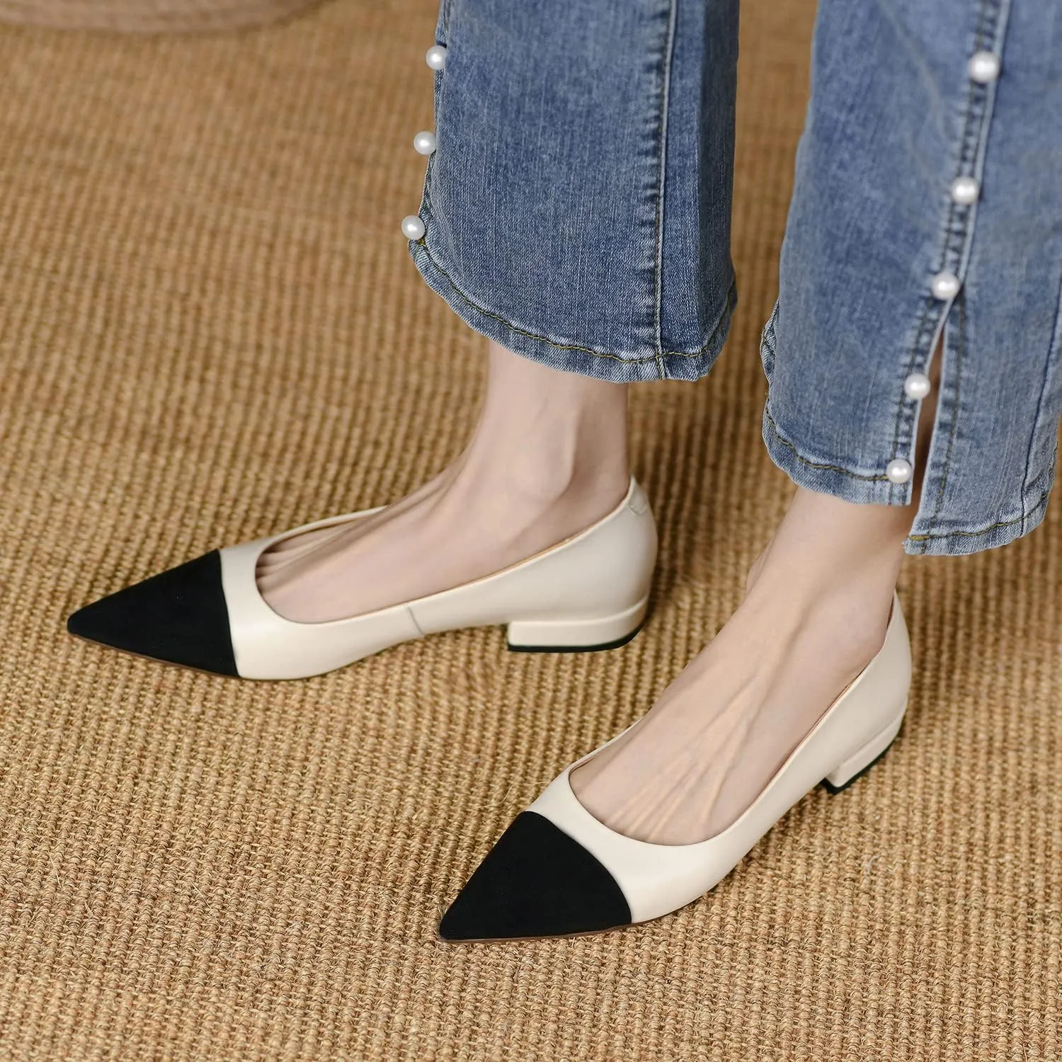 Women Comfy Cap Toe Flats Slip on Pointed toe Flat Shoes Two Tone Flat Heel Dress Shoes Casual Pointy Toe Ballet Flats Colorblock Classic Office Elegant Driver Flats 4-11 M US