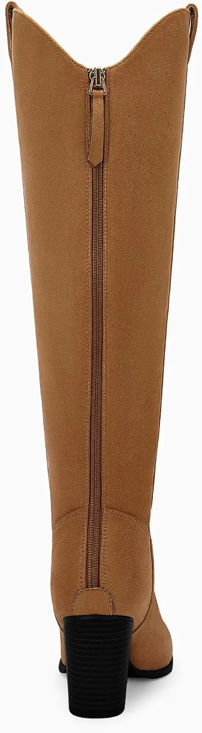 Women Cowboy Knee High Boots Chunky Block Heel Square Toe Tall Riding Boots