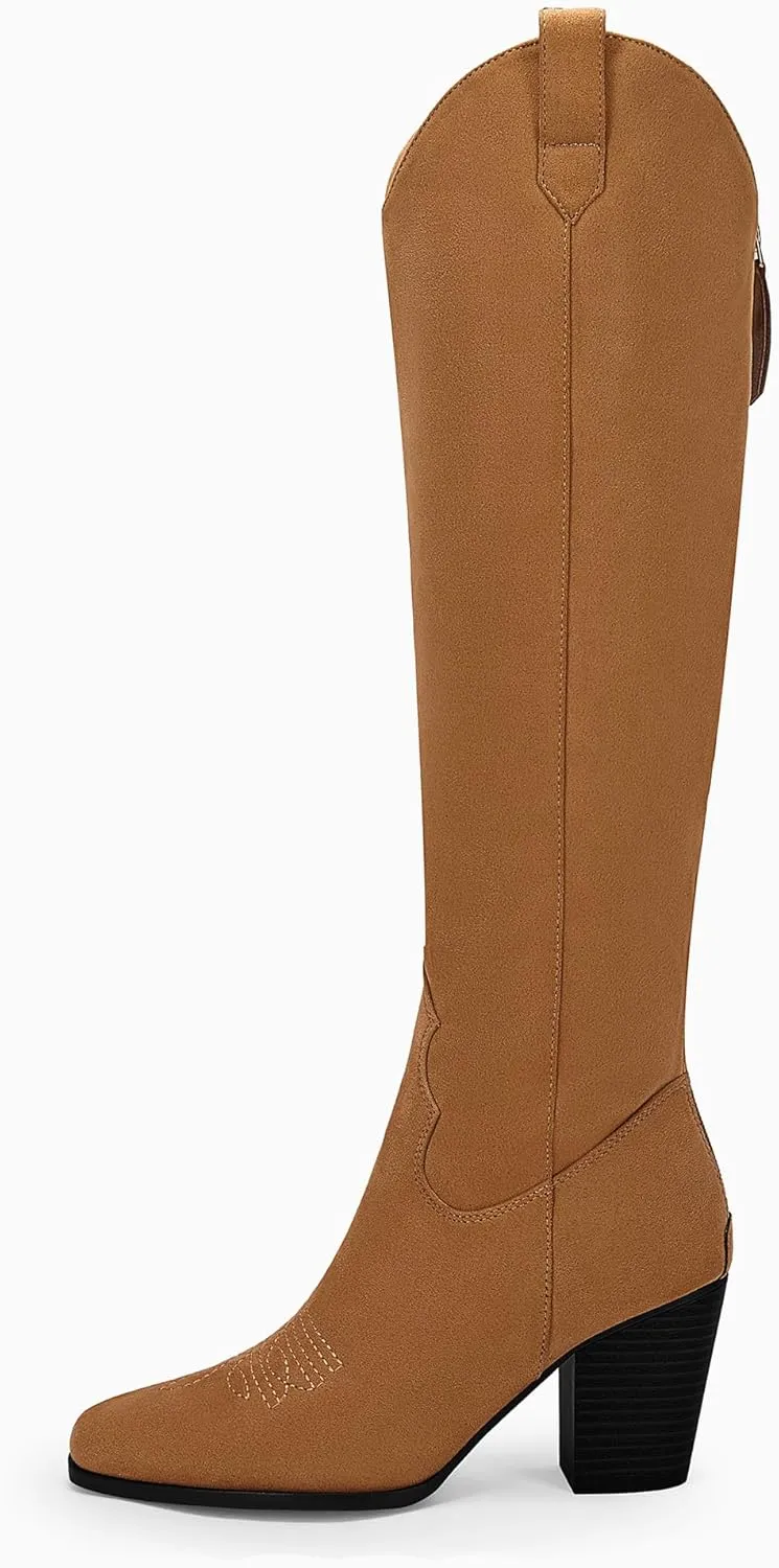 Women Cowboy Knee High Boots Chunky Block Heel Square Toe Tall Riding Boots